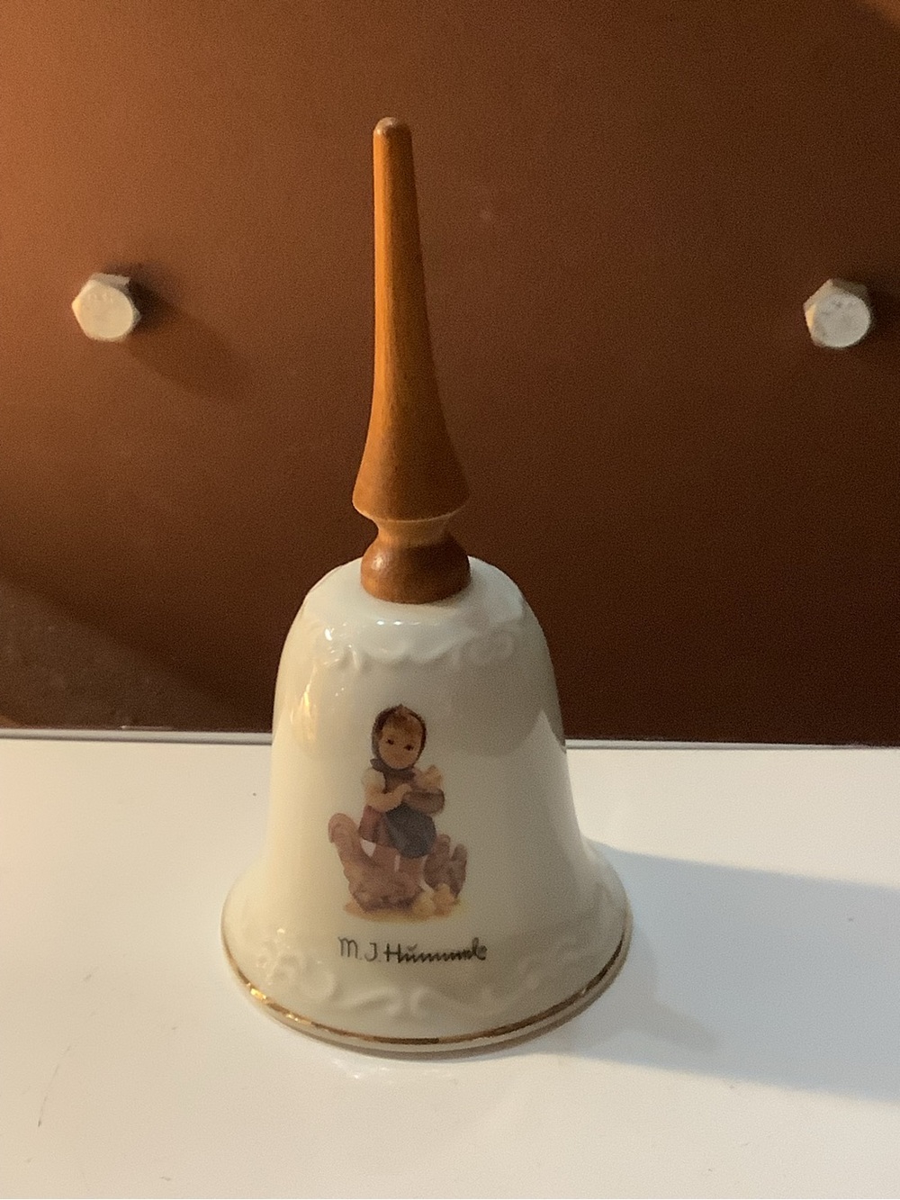 Vintage Hummel Porcelain Bell with Wooden Handle Feeding Time NEW